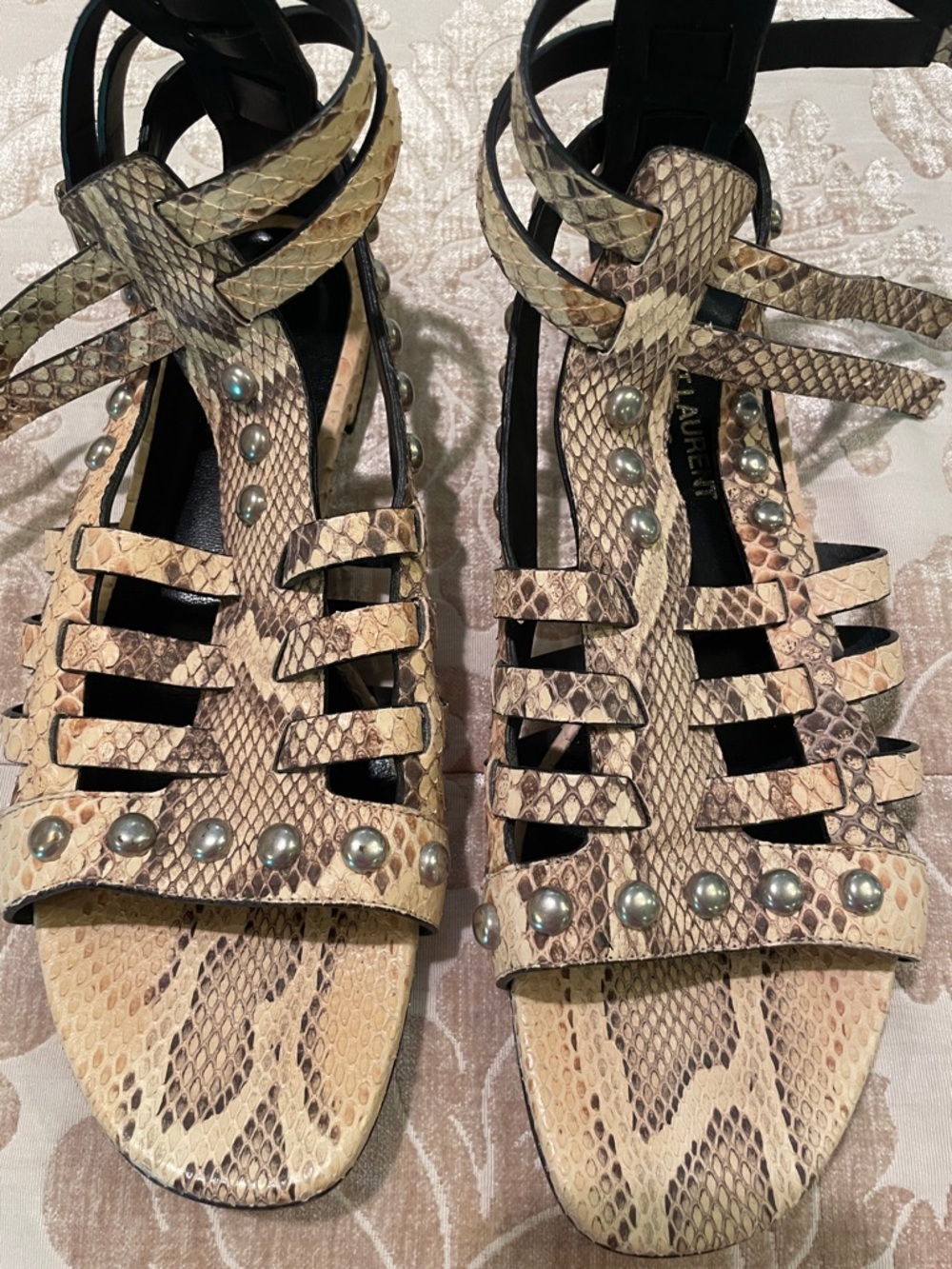 Saint Laurent Beige Snake-Print Studded Strappy Sandals - Picture 3 of 5